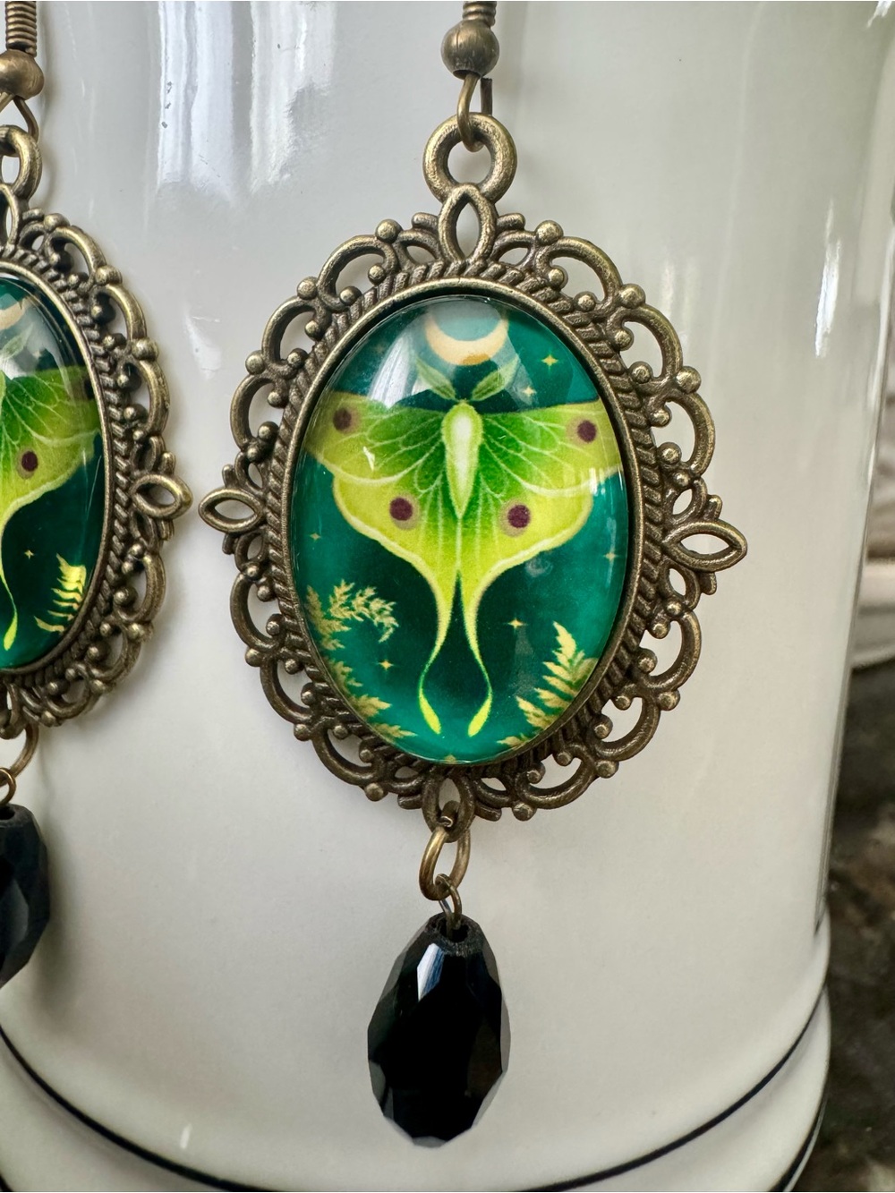 Green Luna Moth Vintage-Style Dangle Earrings 2” long - Picture 6 of 8